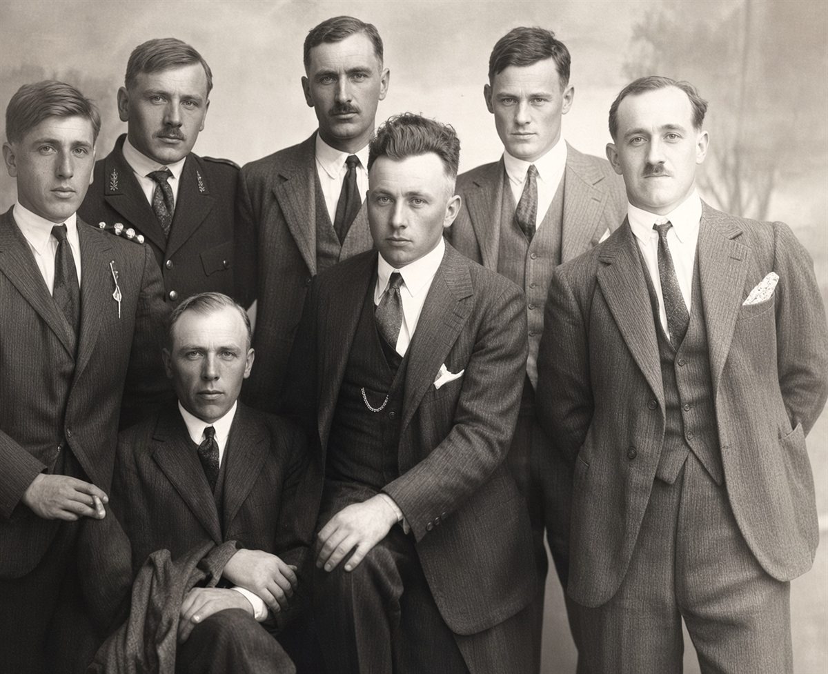 Retrato de estudio en blanco y negro de 1922 con siete hombres de traje, uno de ellos con uniforme. Herminio Ciscomani Cecco está en el centro.